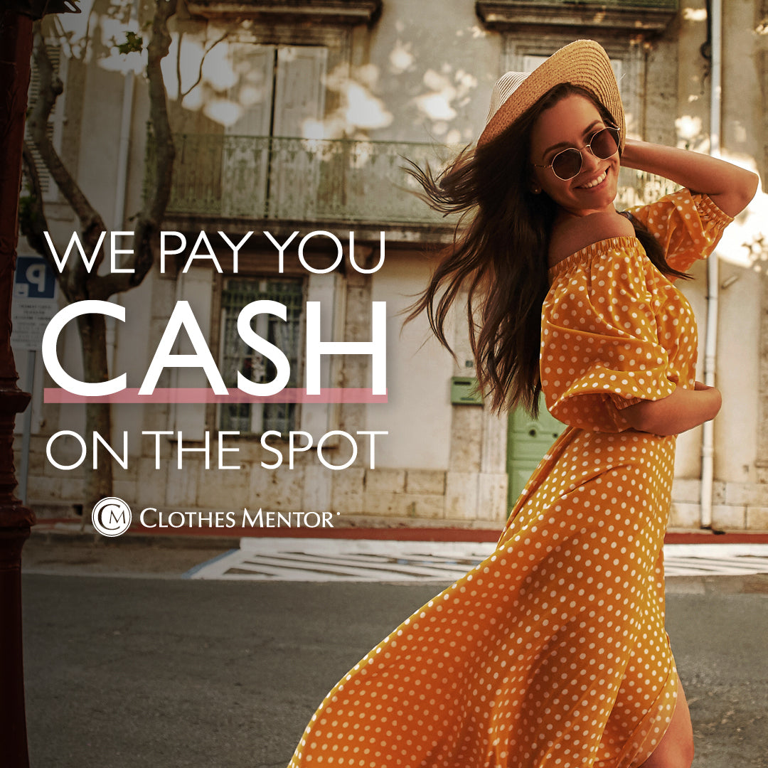 Image of a woman in a polka dot sundress. Caption reads "We pay you cash on the spot"