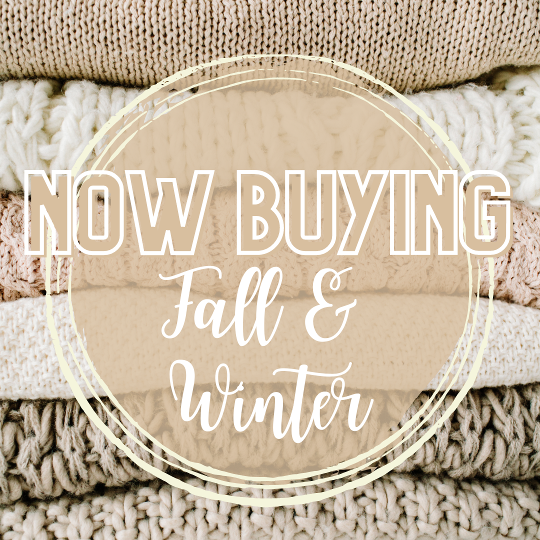 Stack of sweaters. Text Says now buying fall & winter
