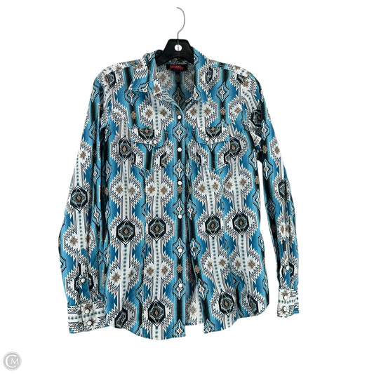 Top Long Sleeve By Rock & Roll In Blue & White, Size: S