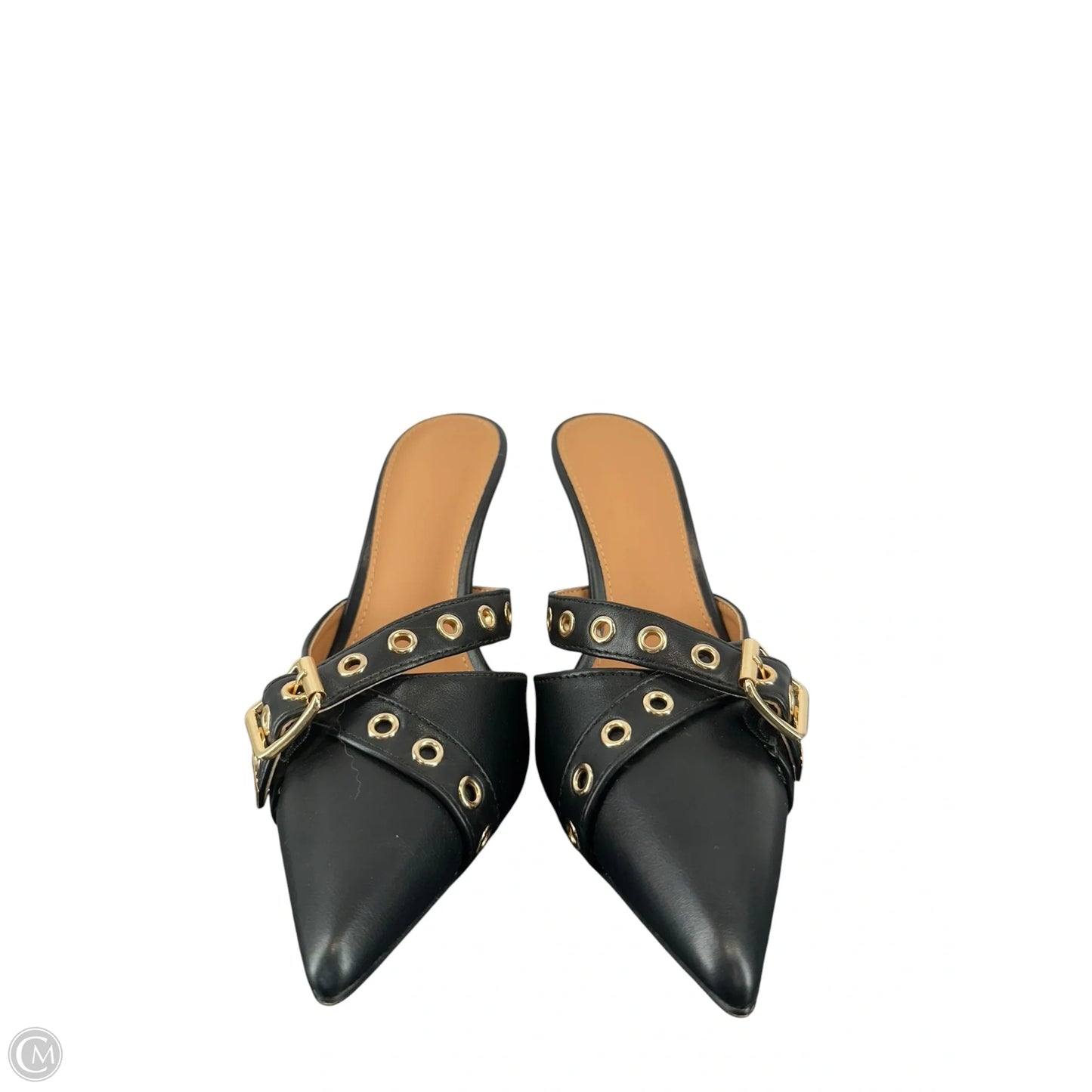 Sandals Heels Kitten By Clothes Mentor In Black & Gold, Size: 6